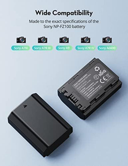 NP-FZ100 Camera Battery, Compatible for Sony A7Iii, A7R V, Alpha A7C,A7R III, A7R IV, A9/A9S,A6600,A7R3 A7S III, A7R Iii,Alpha 9/9S, 2-Pack Replacement Battery Charger Set, Type C & Micro USB Ports